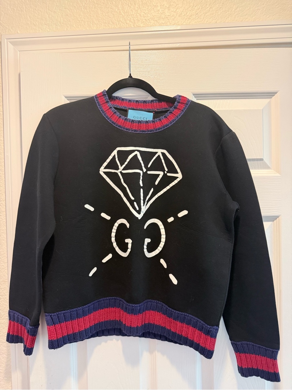 Gucci Black Crewneck Sweater with White Diamond Graphic and Red-Navy Trim